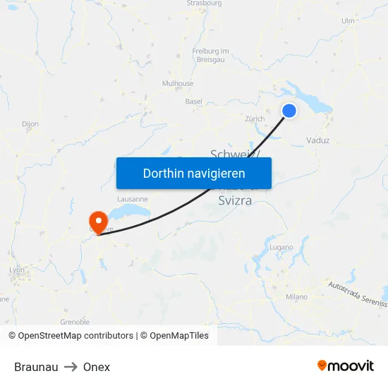 Braunau to Onex map