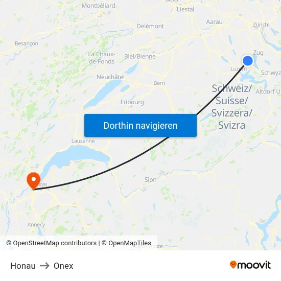 Honau to Onex map