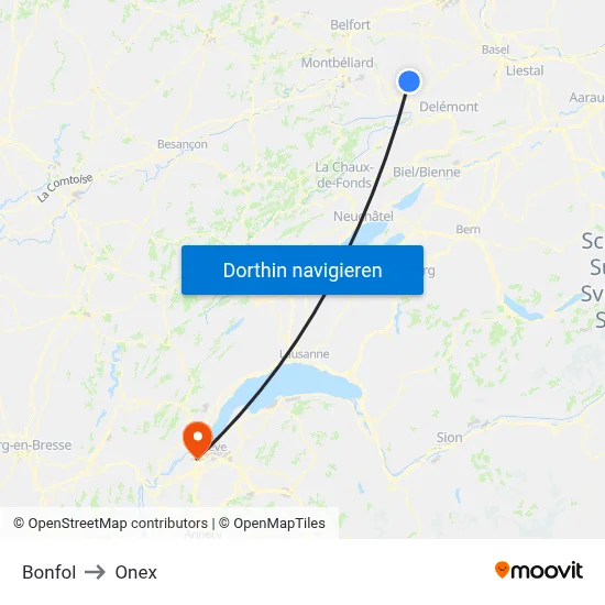 Bonfol to Onex map