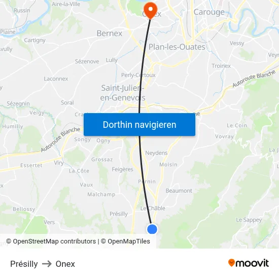 Présilly to Onex map