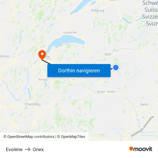 Evolène to Onex map
