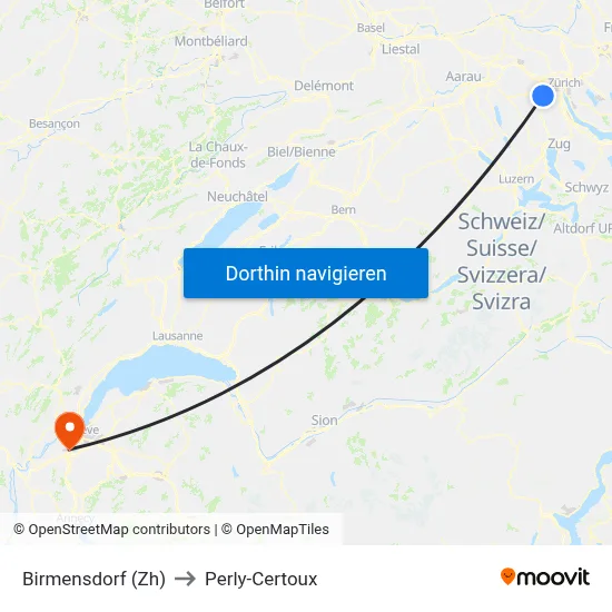 Birmensdorf (Zh) to Perly-Certoux map