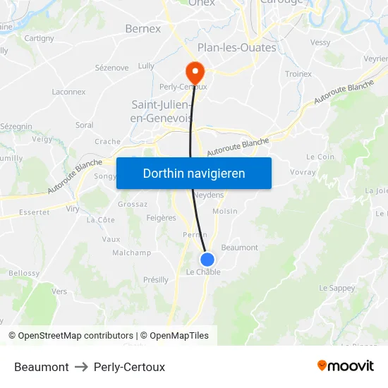 Beaumont to Perly-Certoux map