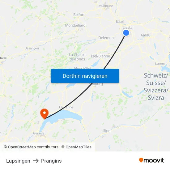 Lupsingen to Prangins map