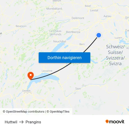 Huttwil to Prangins map