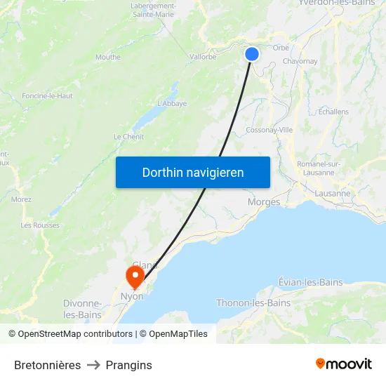 Bretonnières to Prangins map