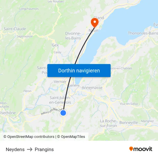 Neydens to Prangins map