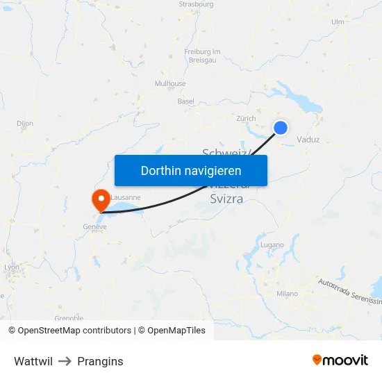 Wattwil to Prangins map