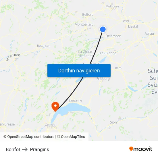 Bonfol to Prangins map
