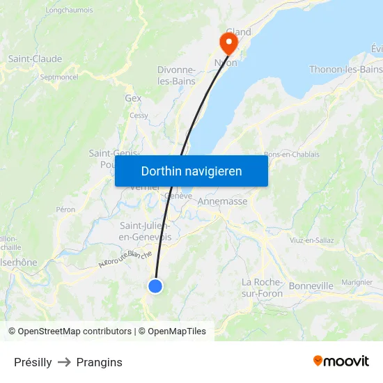 Présilly to Prangins map