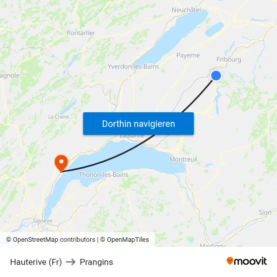 Hauterive (Fr) to Prangins map
