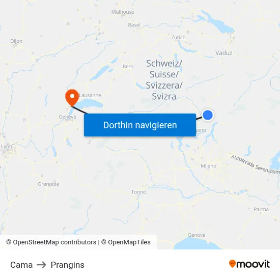 Cama to Prangins map