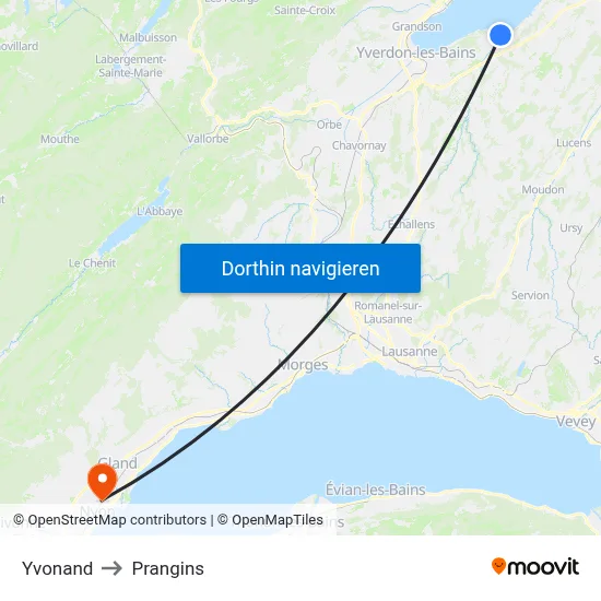 Yvonand to Prangins map