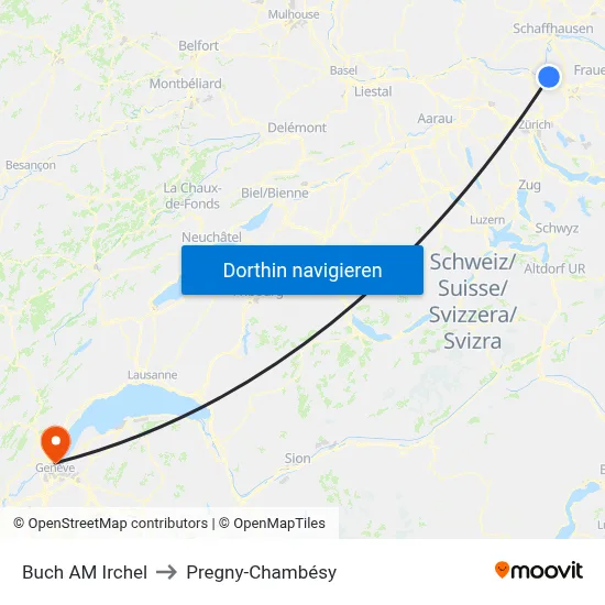 Buch AM Irchel to Pregny-Chambésy map