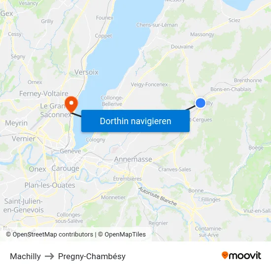 Machilly to Pregny-Chambésy map
