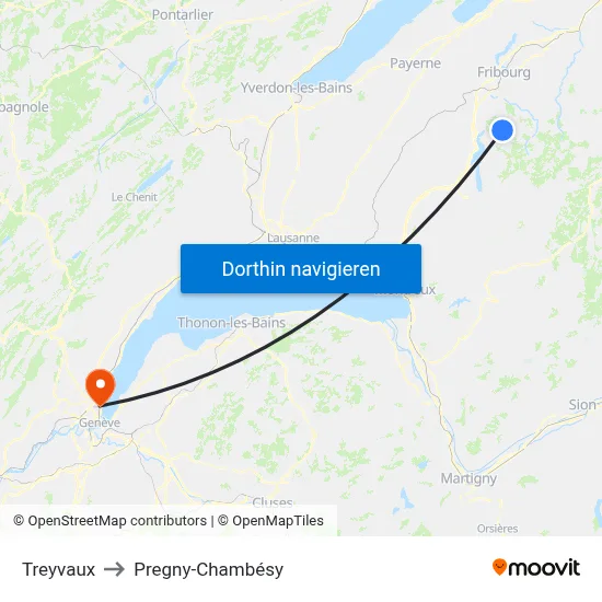 Treyvaux to Pregny-Chambésy map