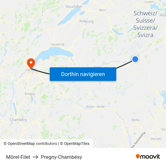 Mörel-Filet to Pregny-Chambésy map