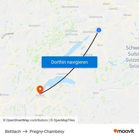 Bettlach to Pregny-Chambésy map