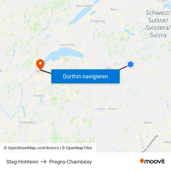 Steg-Hohtenn to Pregny-Chambésy map