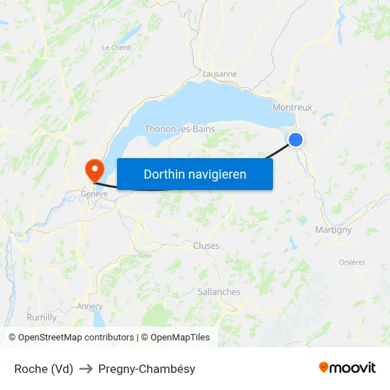 Roche (Vd) to Pregny-Chambésy map
