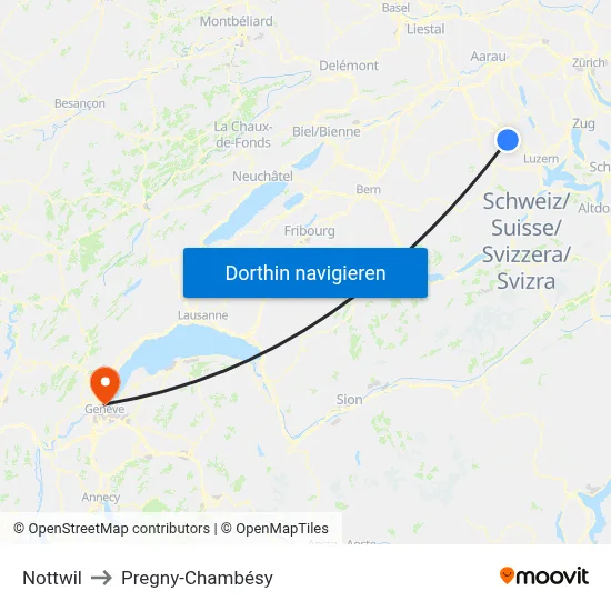 Nottwil to Pregny-Chambésy map