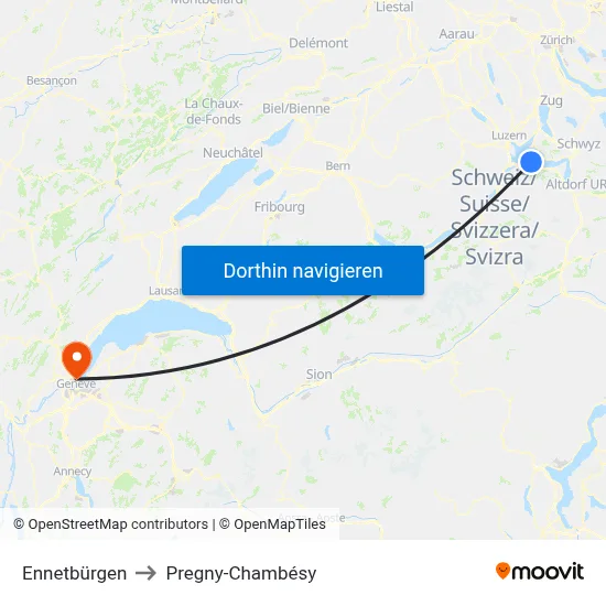 Ennetbürgen to Pregny-Chambésy map