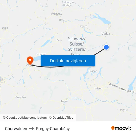 Churwalden to Pregny-Chambésy map