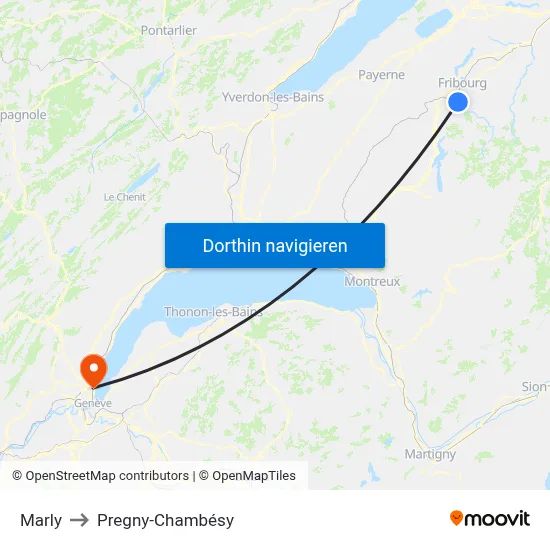 Marly to Pregny-Chambésy map