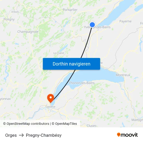 Orges to Pregny-Chambésy map