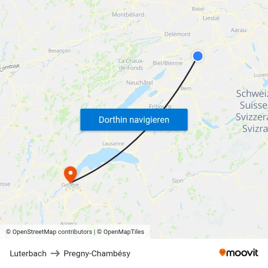Luterbach to Pregny-Chambésy map