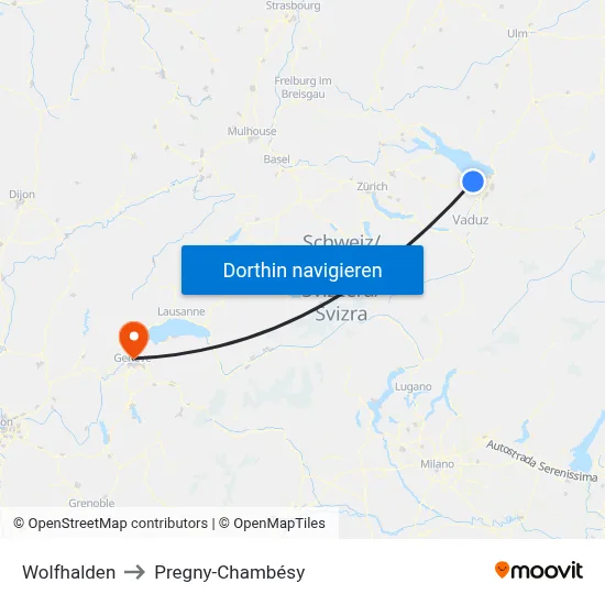 Wolfhalden to Pregny-Chambésy map