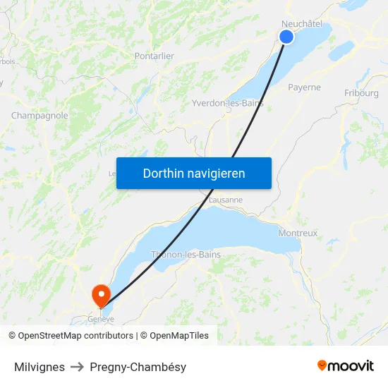 Milvignes to Pregny-Chambésy map