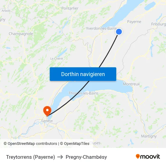 Treytorrens (Payerne) to Pregny-Chambésy map