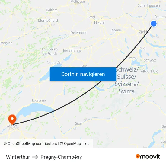 Winterthur to Pregny-Chambésy map