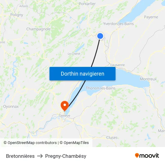 Bretonnières to Pregny-Chambésy map