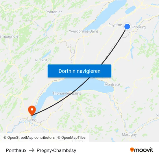 Ponthaux to Pregny-Chambésy map