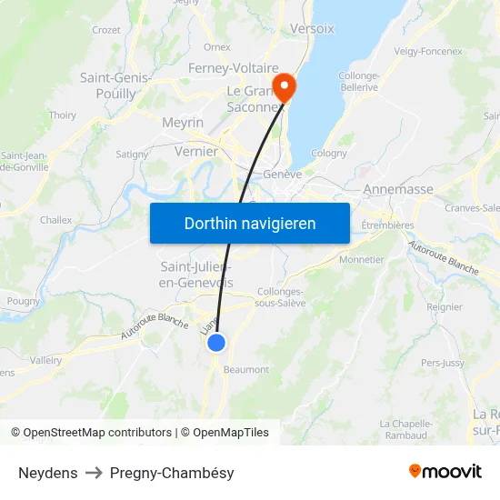 Neydens to Pregny-Chambésy map