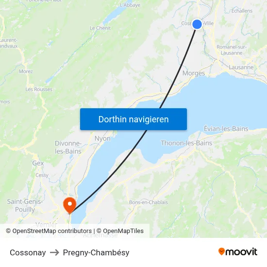 Cossonay to Pregny-Chambésy map