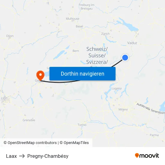 Laax to Pregny-Chambésy map