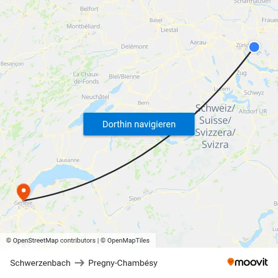 Schwerzenbach to Pregny-Chambésy map