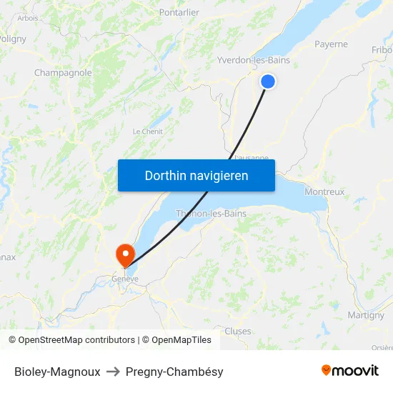 Bioley-Magnoux to Pregny-Chambésy map