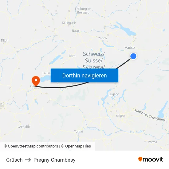 Grüsch to Pregny-Chambésy map