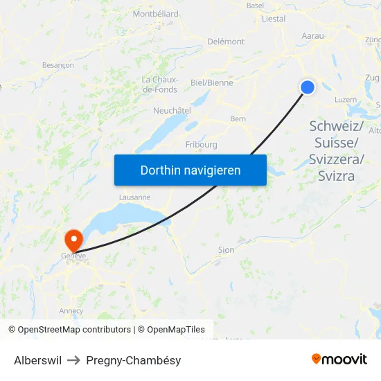 Alberswil to Pregny-Chambésy map