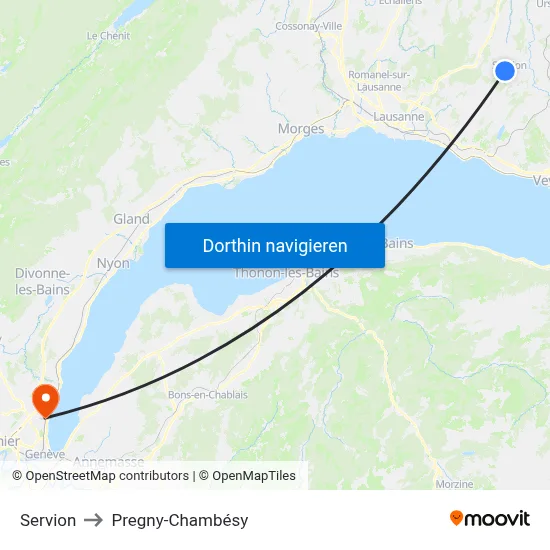 Servion to Pregny-Chambésy map