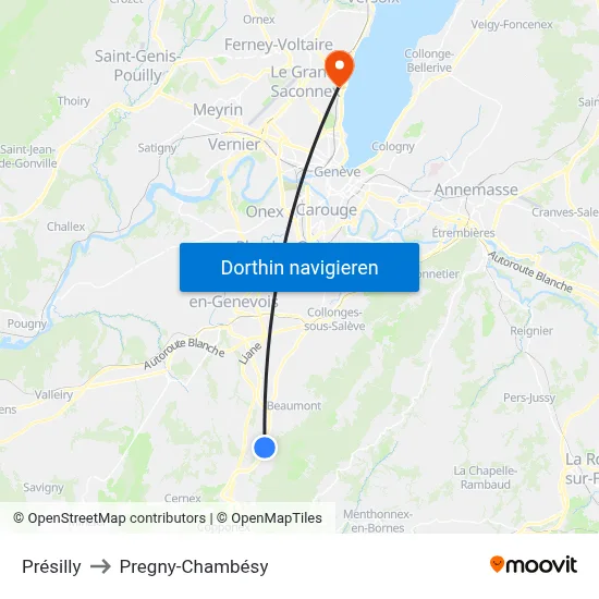 Présilly to Pregny-Chambésy map
