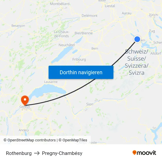 Rothenburg to Pregny-Chambésy map