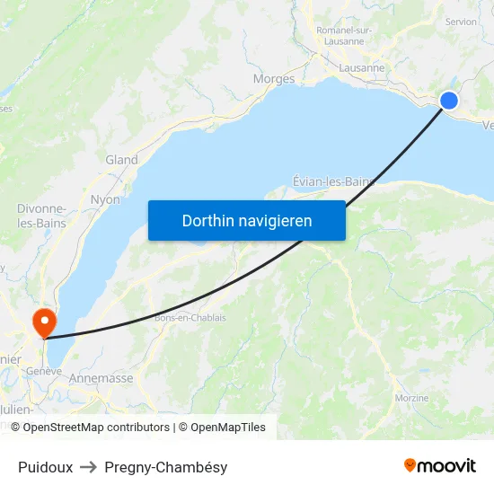 Puidoux to Pregny-Chambésy map