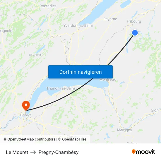 Le Mouret to Pregny-Chambésy map