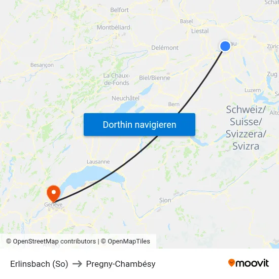 Erlinsbach (So) to Pregny-Chambésy map
