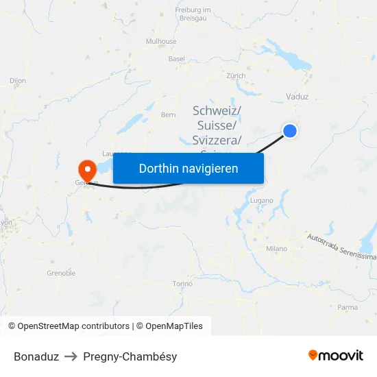 Bonaduz to Pregny-Chambésy map